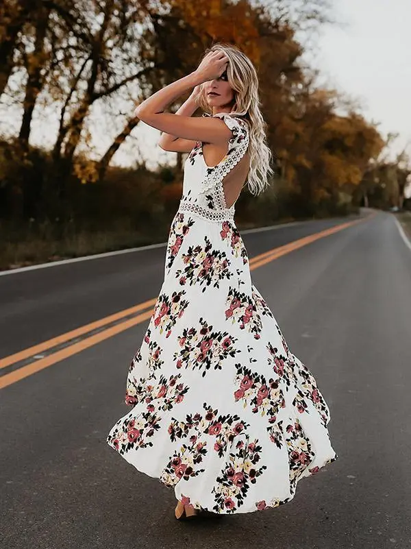 Bohemian Blossom Floral Open Back Boho Maxi Dress