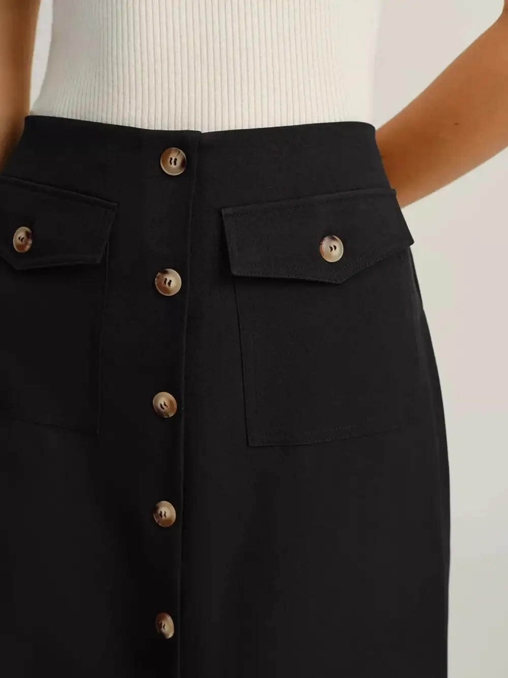 Everyday Button Front Pocket Midi Skirt