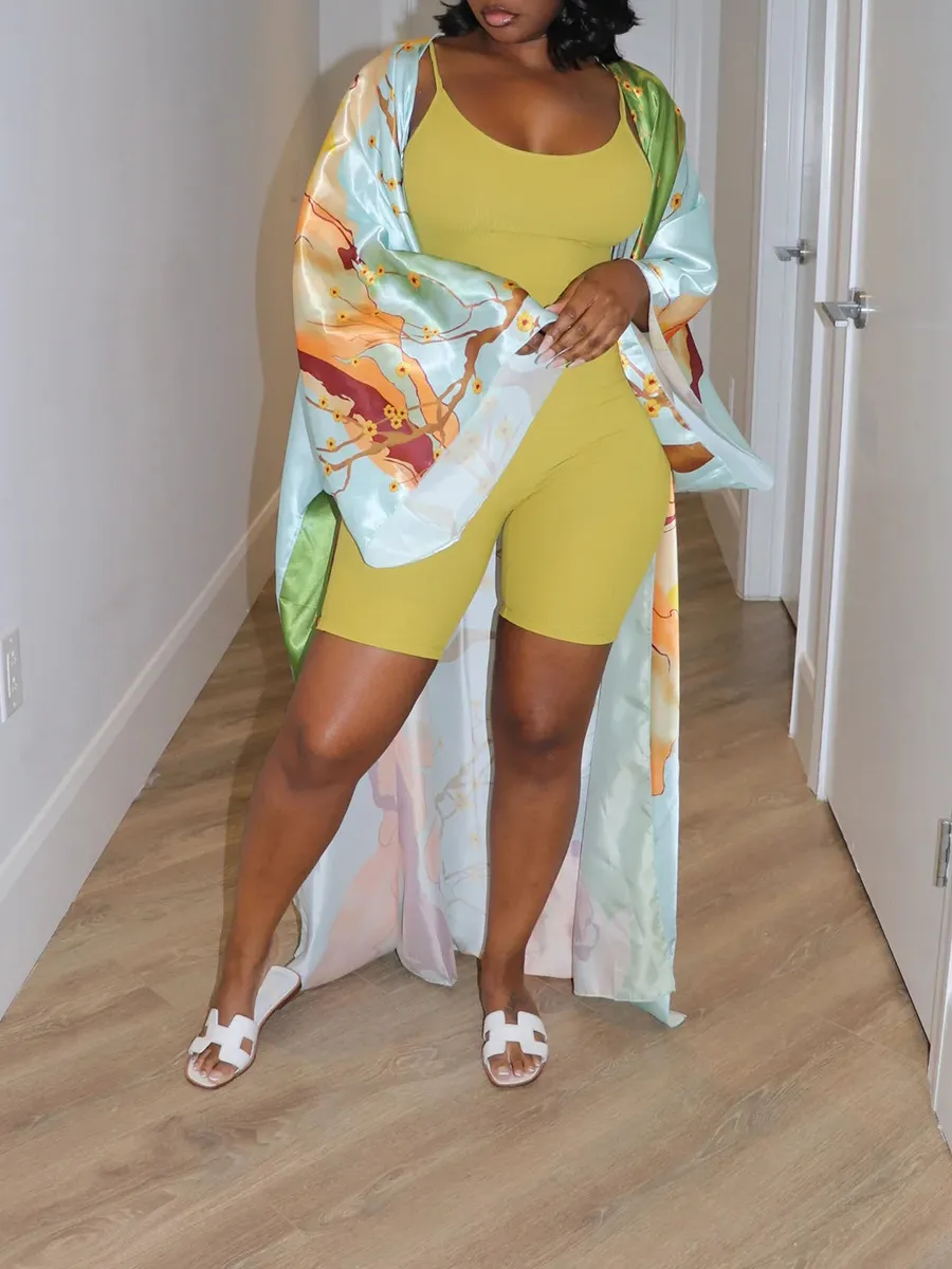 Multi Color Plant Pattern Large Silhouette Long Kimono
