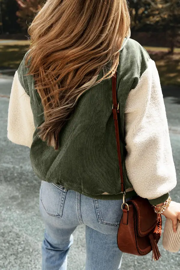 Fleece Corduroy Button Front Bomber Jacket