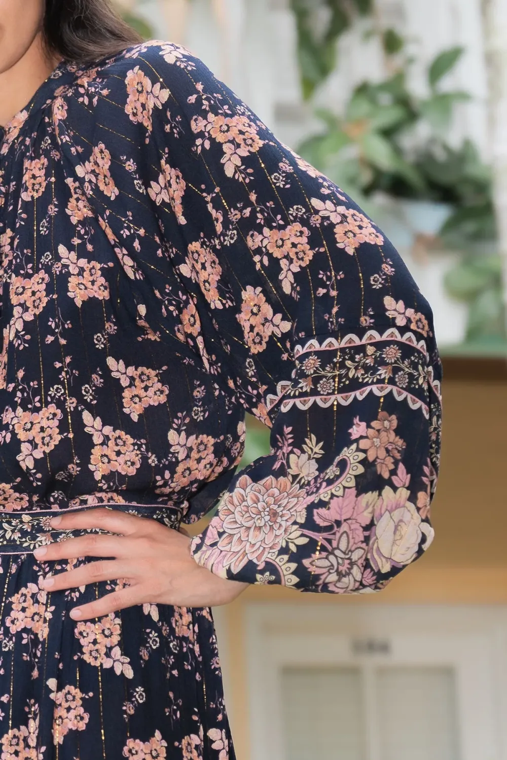 Navy Floral Print Long Sleeve Crop Top