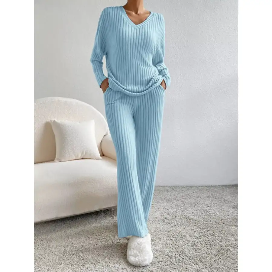Ribbed Knit Long Sleeve Top and Pants Set