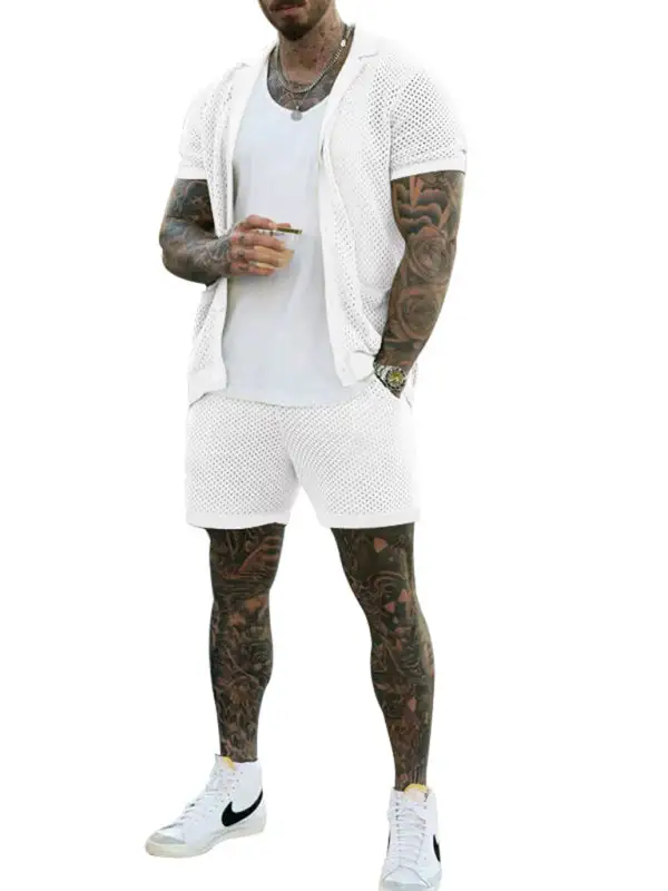 Knit Lapel Collar Short Sleeve Shorts