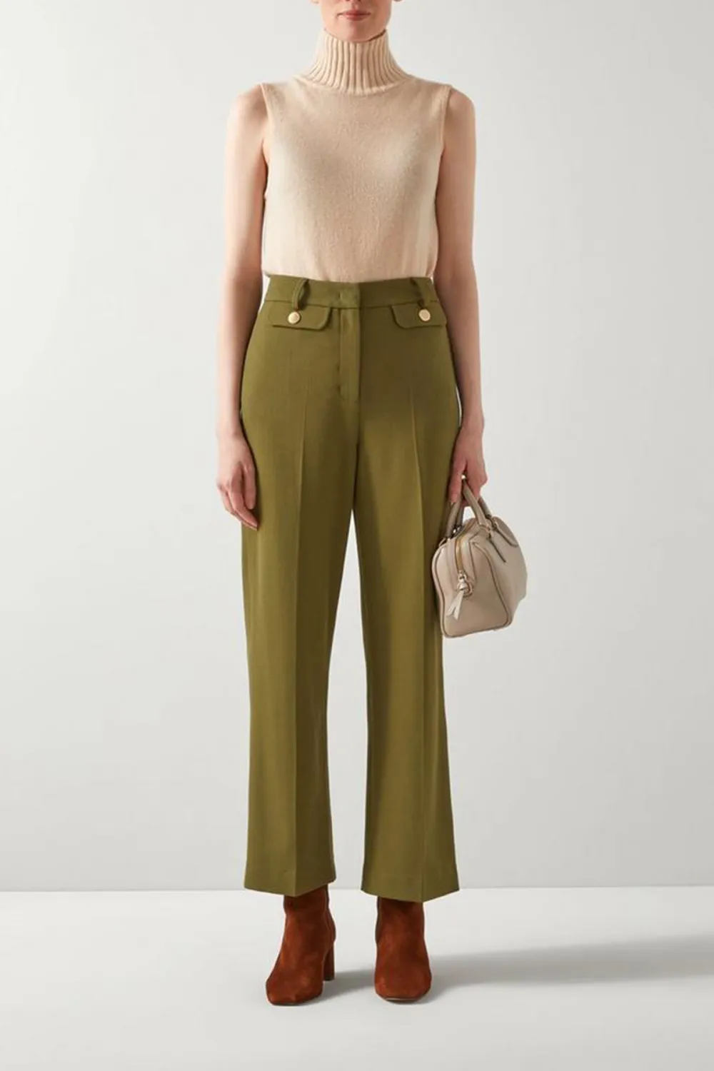 Beige Sleeveless Turtleneck Knit Sweater
