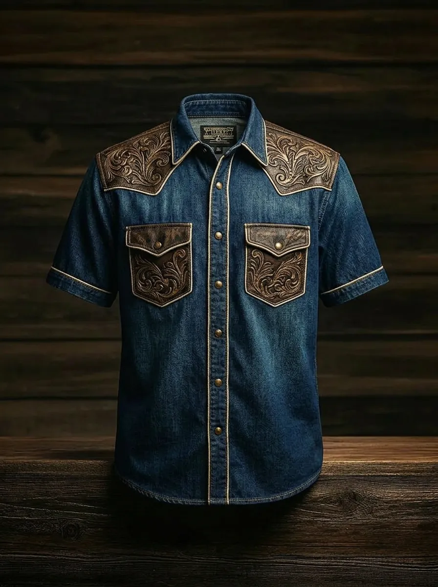 Men's Western Cowboy Floral Tooled Leather Print Denim Shirt-2
