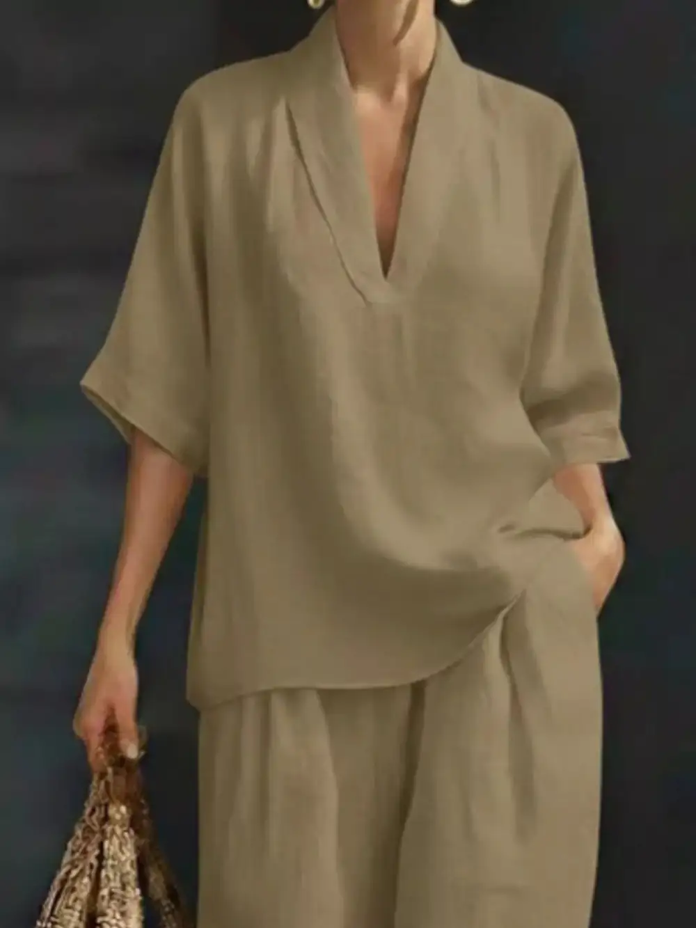 Relaxed Half Sleeve Top and Wide Leg Pants Set