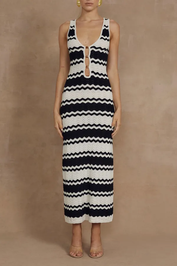 Black And White Striped Knitted Midi Dress