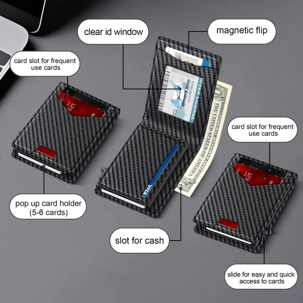 Men's RFID Minimalist Bifold Wallet - 1 ID Window, Pop-Up Card Holder, Money Clip💳