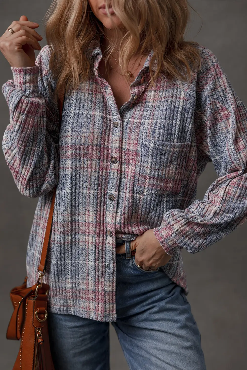 Plaid Textured Pocket Detail Shirt Blouse