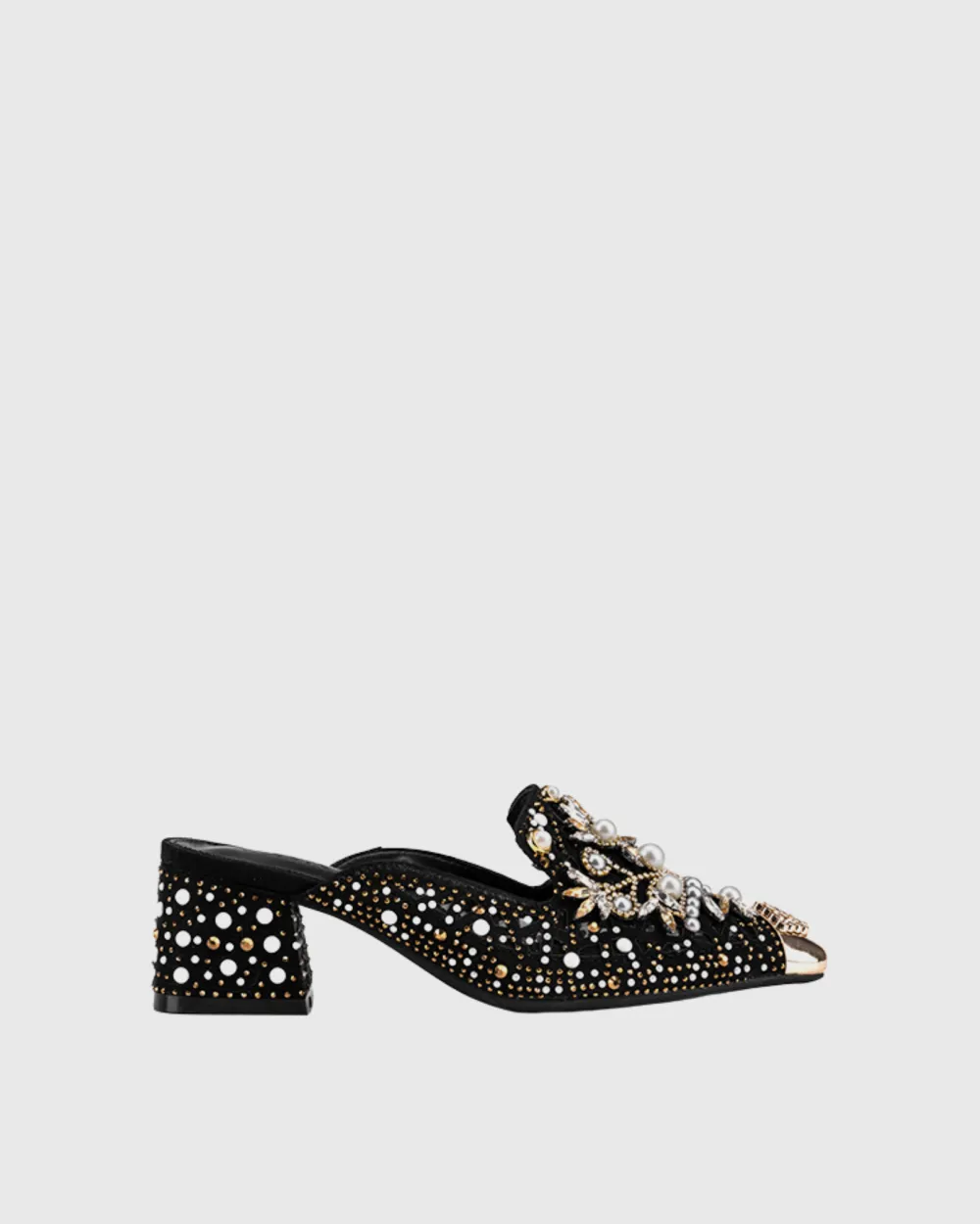 Pearl Embellished Mules in Black