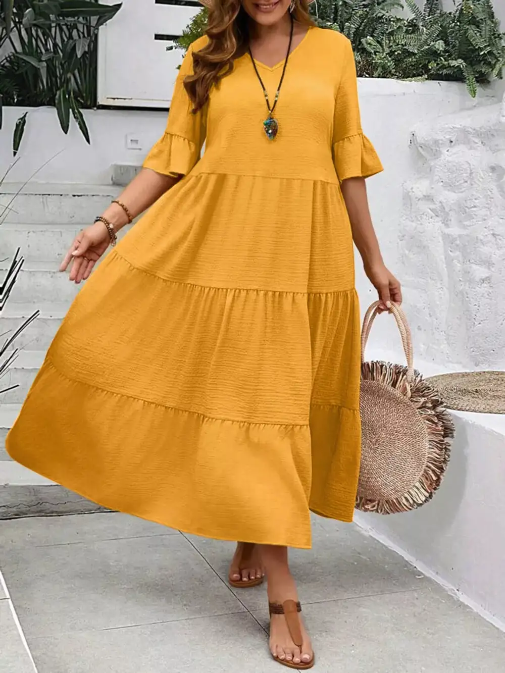 Plus Size Ruffle Sleeves Tiered Midi Dress