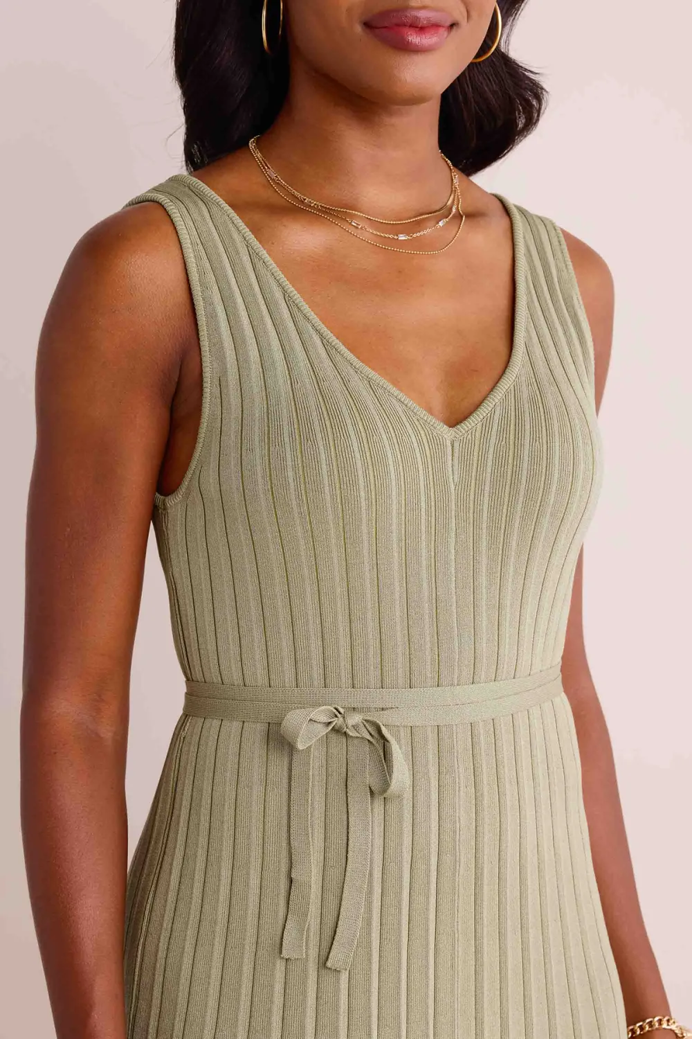 Olive Green V-Neck Pleated Dress