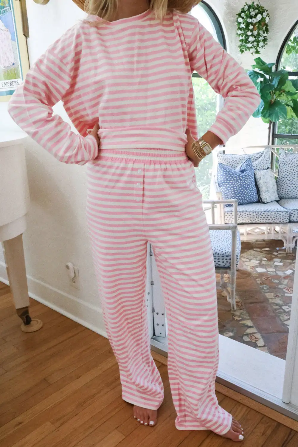 Striped Round Neck Buttoned Two Piece Set