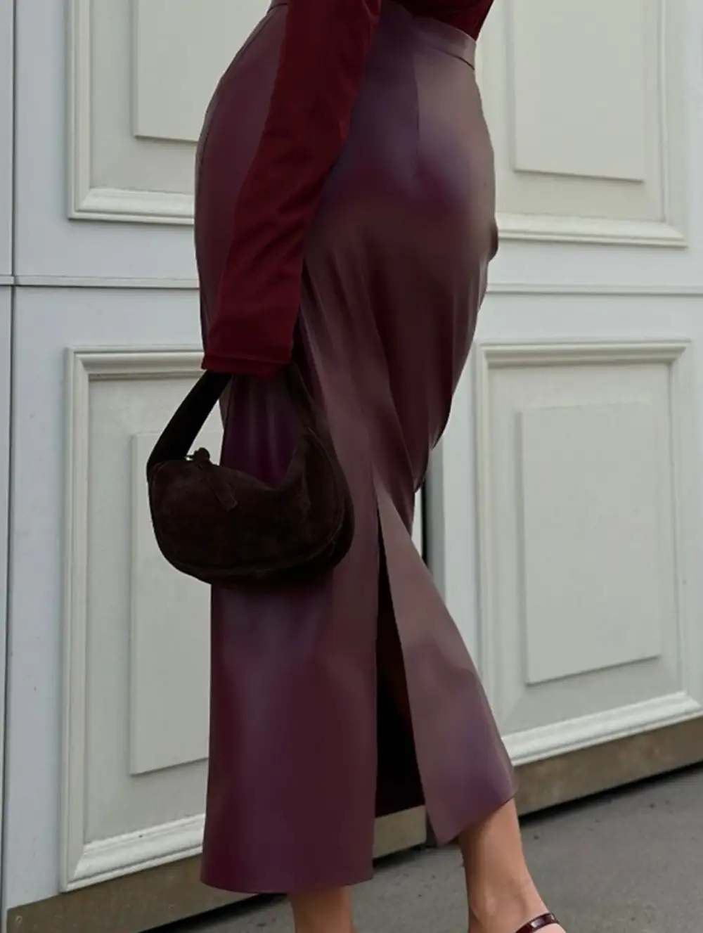 Leather Look Pencil Slit Midi Skirt