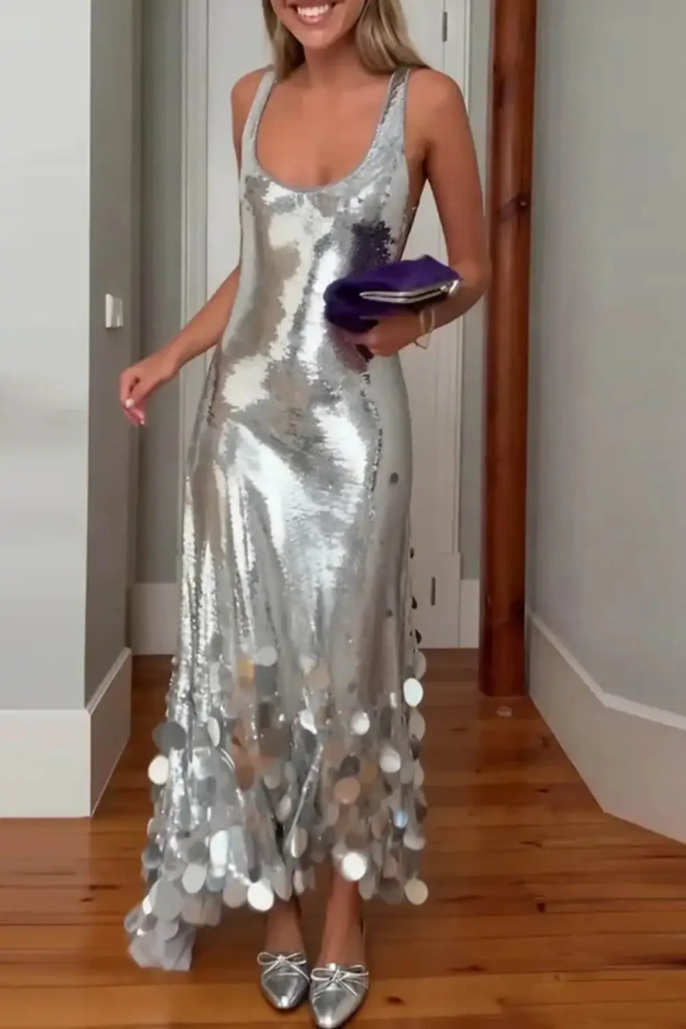 Tips Sequin Irregular Round Maxi Gown