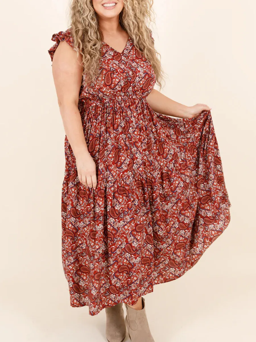 Ruffled Short Sleeve Cashew Nut Print Long Dress