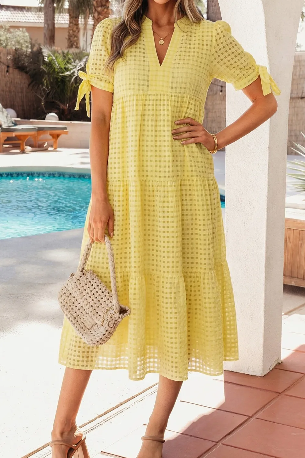 Gingham Short Sleeve Tiered Tie Waist Bow Tie Midi Dress