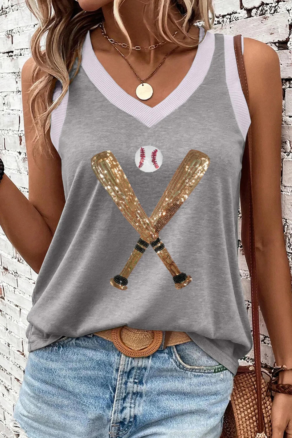 Sequined Baseball Bat Graphic Ribbed Trim Casual Tank Top