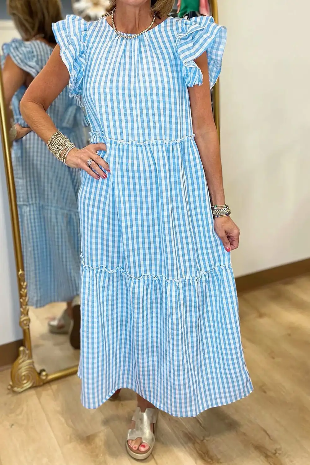 Structured Shape Plaid Ruffle Short Sleeve Maxi Dress
