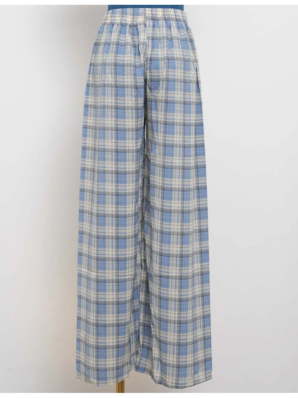 Checked Elastic Waist Drawstring Wide Leg Pants