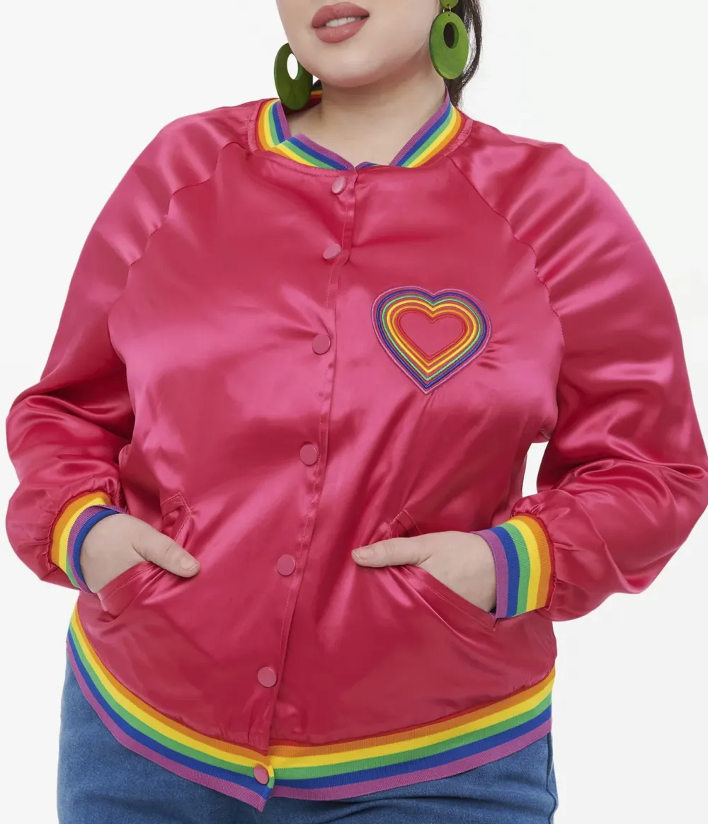 Unique Vintage Plus Size Hot Pink And Rainbow Pride Satin Bomber Jacket