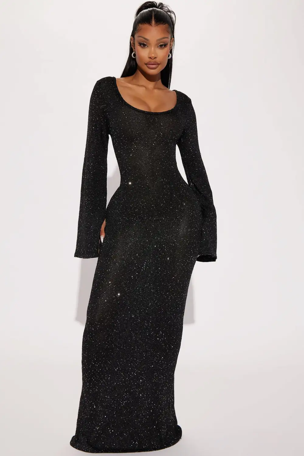 Cherri Sequin Sweater Maxi Dress - Black
