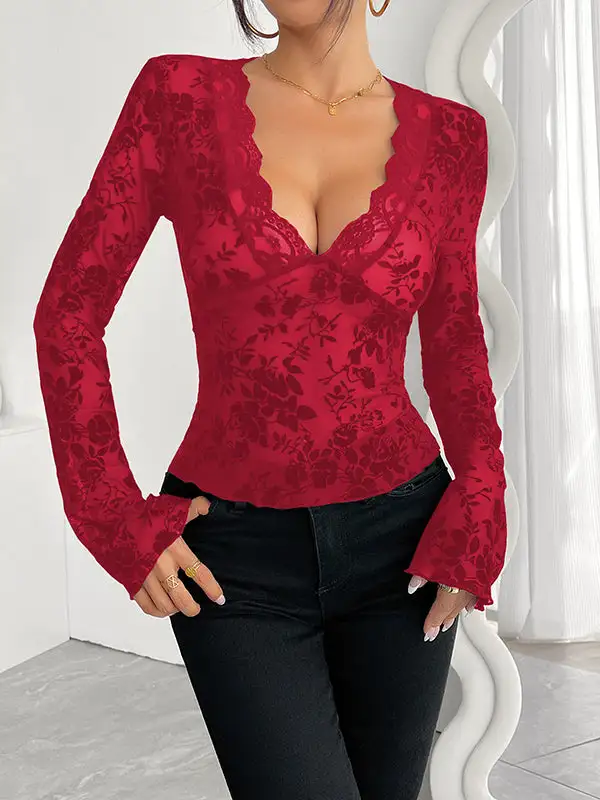 Flared Sleeve Long Sleeve Deep V-Neck T-Shirt