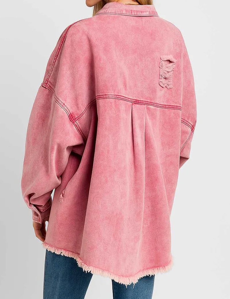 Distressed Button Down Long Sleeve Denim Jacket