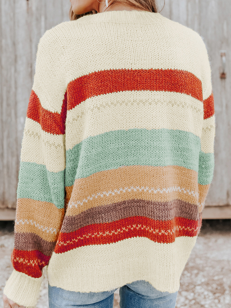 Crew Neck Drop-shoulder Striped Color Block Sweater