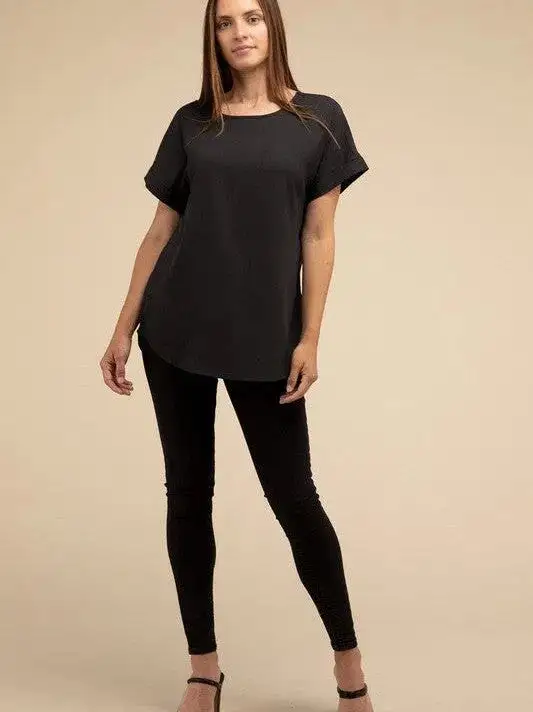 Sweet Basics Rolled Sleeve Boat Neck Top