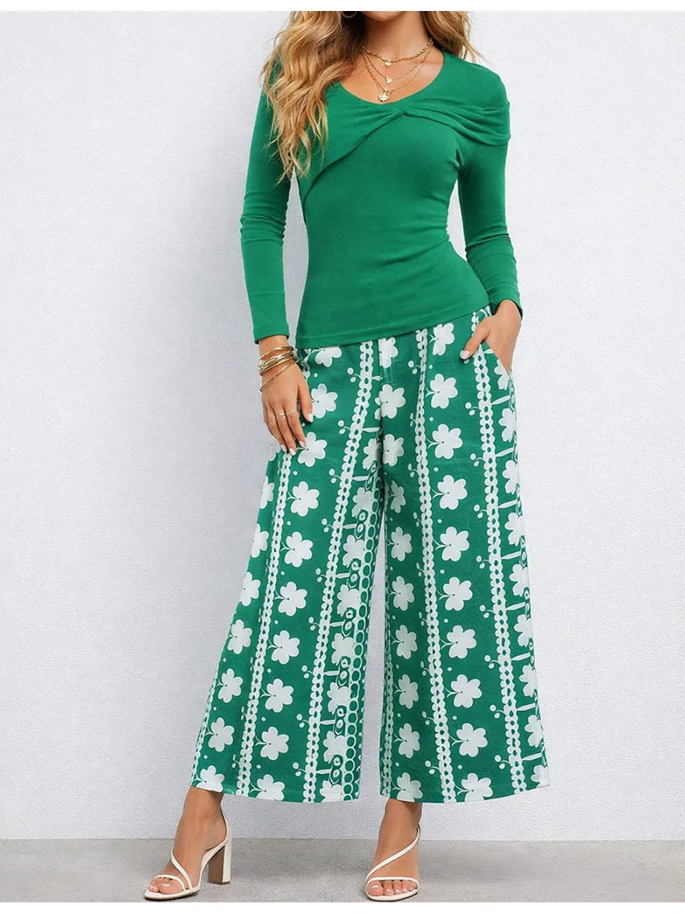 St Patrick Day Clover Elastic Waist Wide Leg Pants