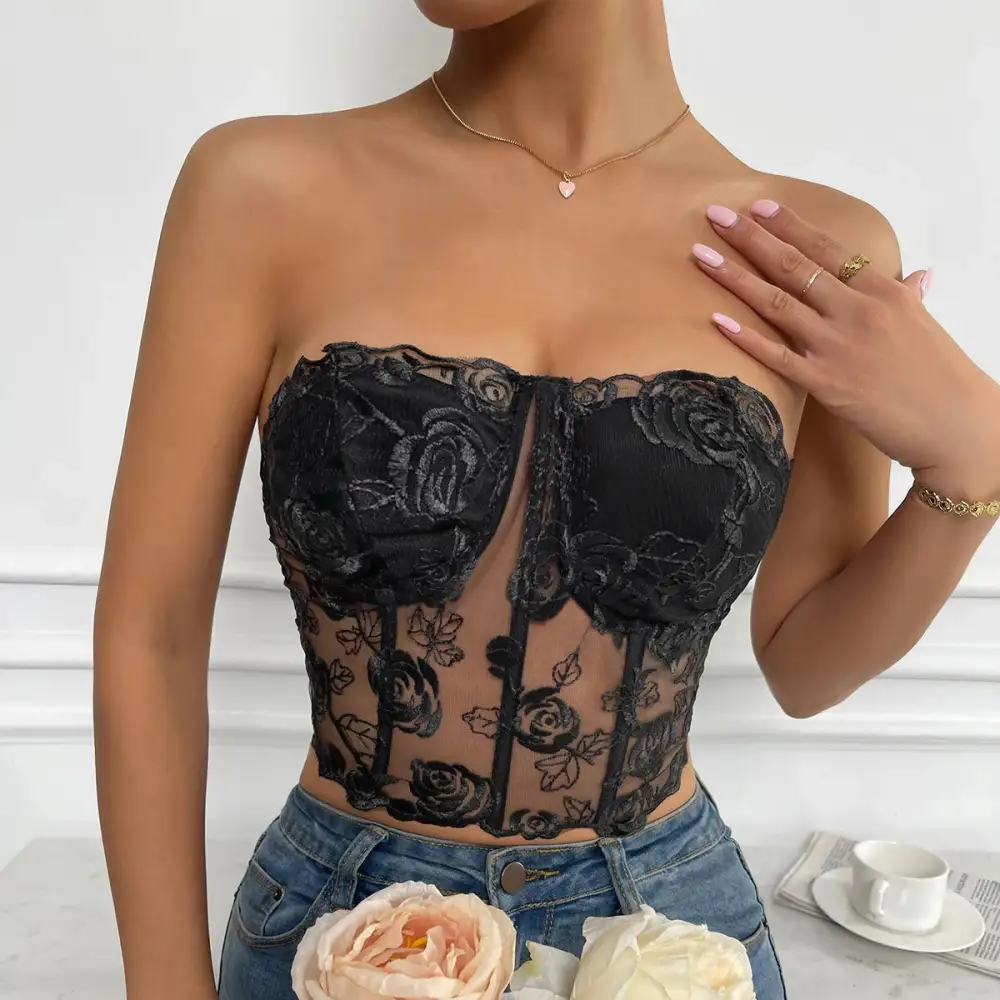 Longline Bra with Rose Motif