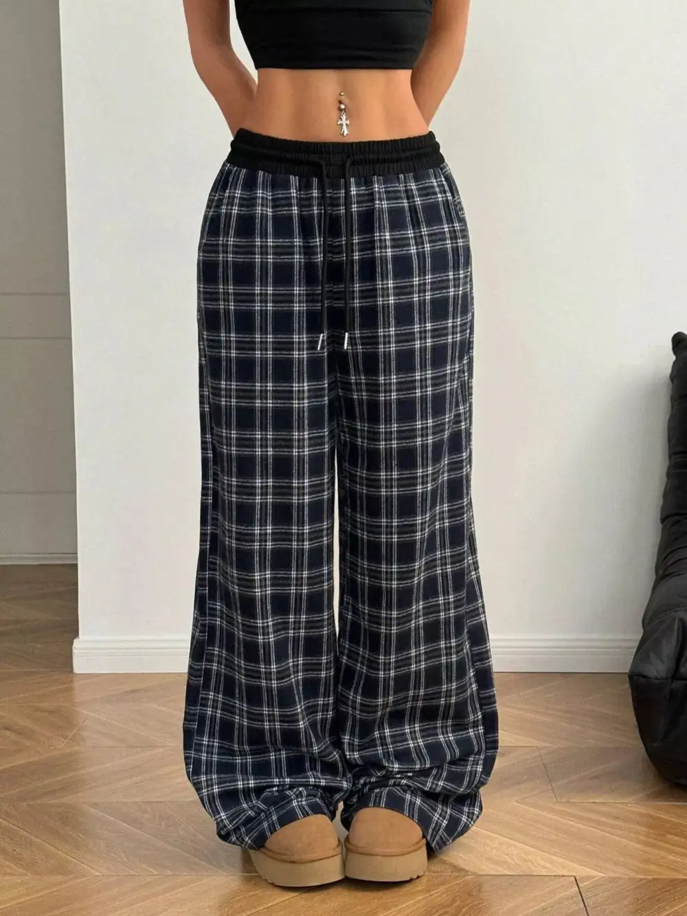 Plaid Wide Leg Pants With Elastic Waistband
