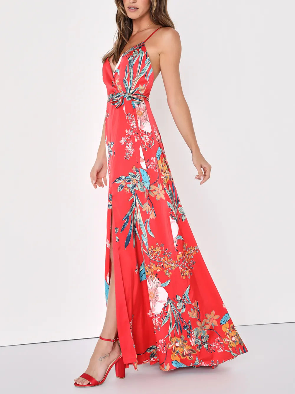 Red Floral Print Satin Maxi Dress