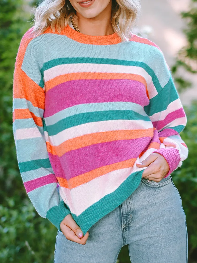 Multicolor Striped Knit Drop Shoulder Puff Sleeve Sweater