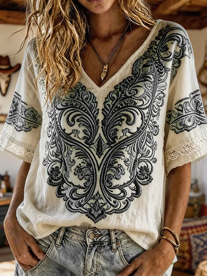 Women's Turquoise Paisley Embroidered Boho Western V-Neck Blouse