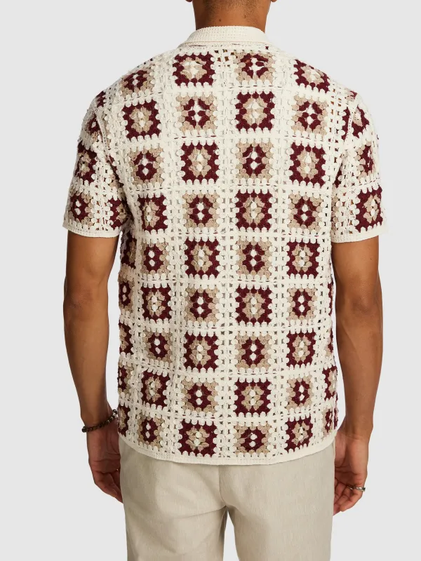 Beige And Red Patterned Knit Short Sleeve Shirt