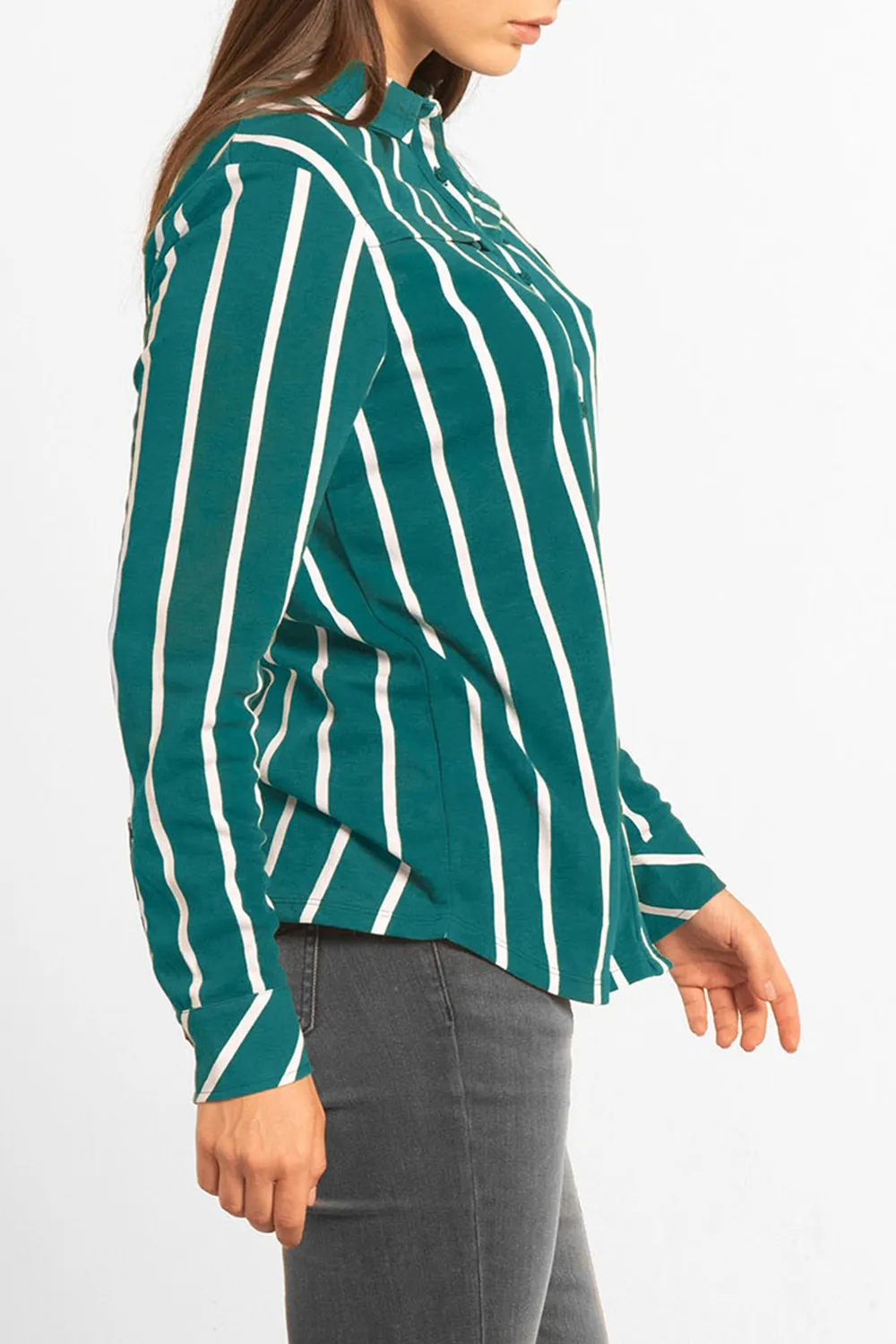 Zipper Chest Pocket Striped Fashion Ladies Shirt