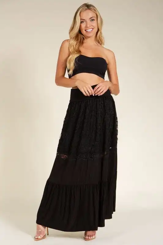 ??GYPSY FOX-Orange Farm -Lace Combo Tier Ruffle Maxi Skirt