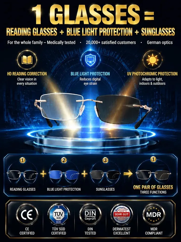 Titanium Frameless Photochromic Blue Light Filter Presbyopic Glasses
