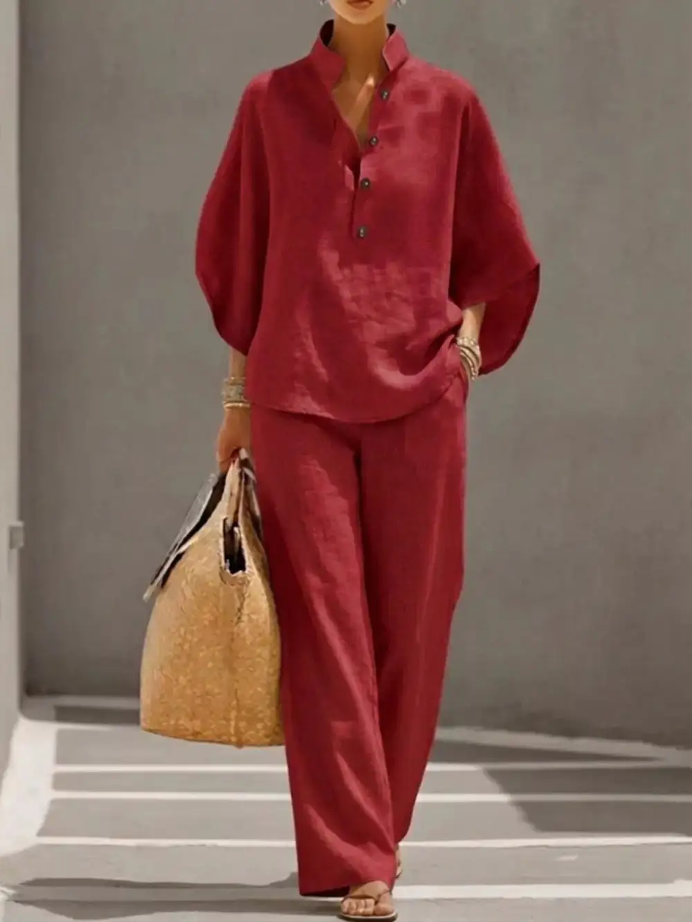 Button Detail Sleeve Top and Pants Set