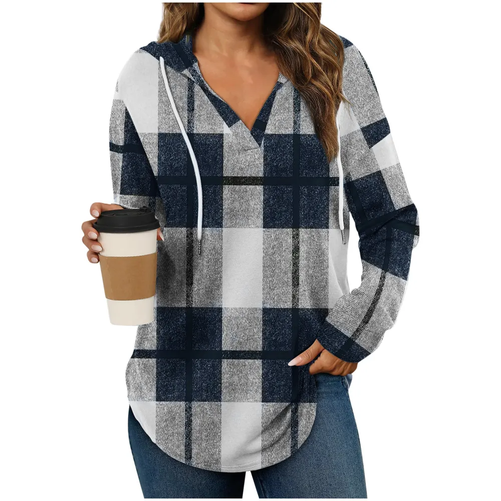 V-Neck Adjustable Drawstring Casual Plaid Long Sleeve