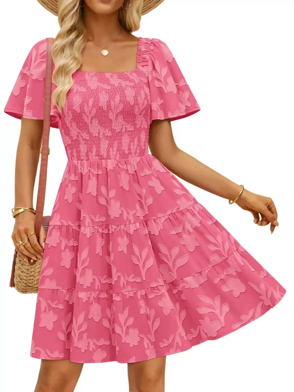 Square Neck Tiered Smocked Mini Dress