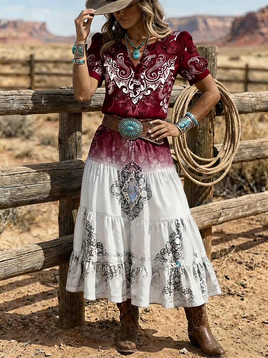 Women's Western Paisley Print Ruffle Maxi Dress