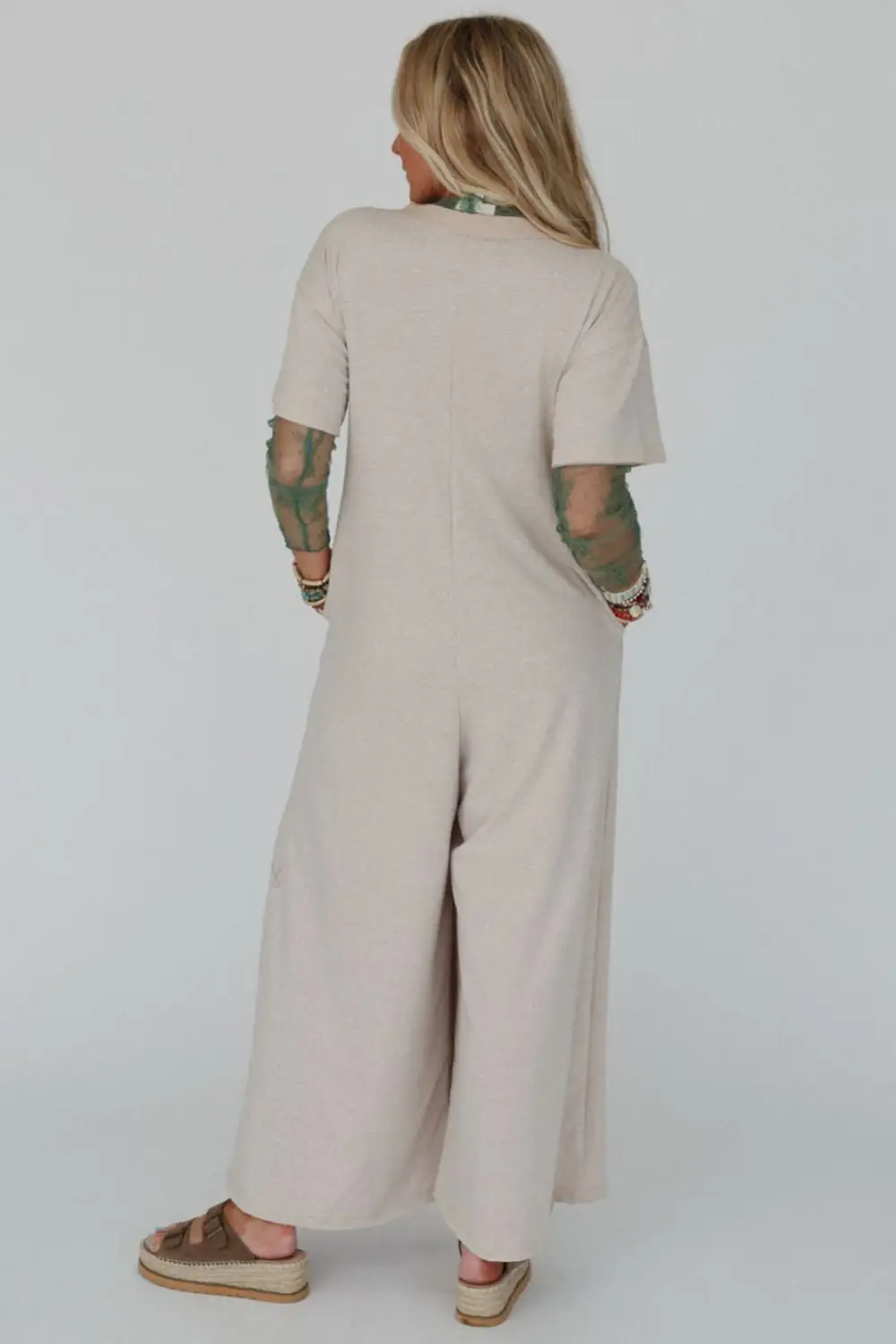 Relaxed Half Placket Chest Pockets Short Sleeve Wide Leg Jumpsuit