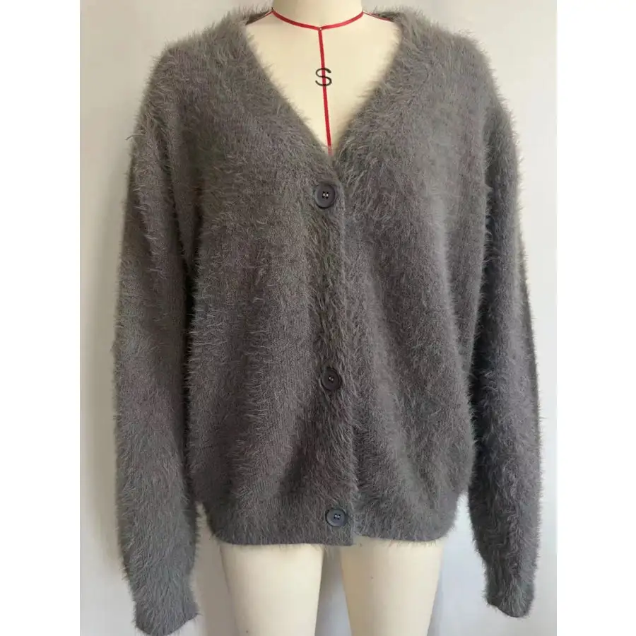 V Neck Button Down Fuzzy Knit Mohair Cardigan