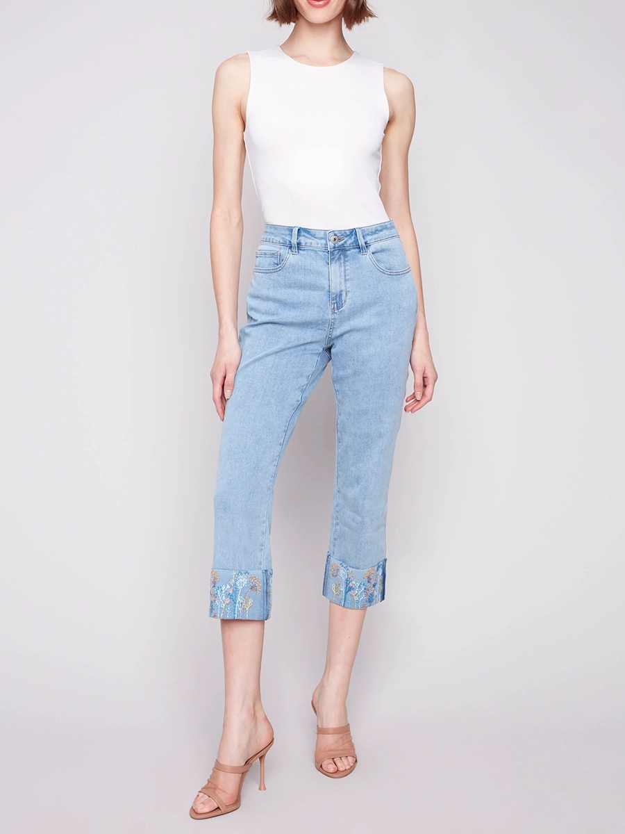 Straight-Leg Wrinkle-Free Cotton Light Blue Jeans