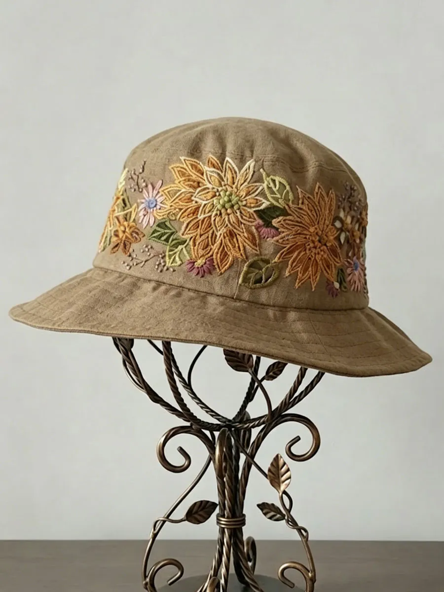 Floral Embroidery Print Vintage Fisherman Hat
