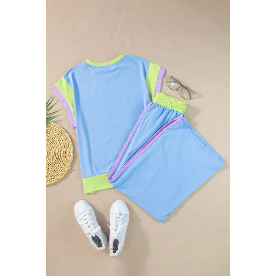Contrast Round Neck Top and Pants Set