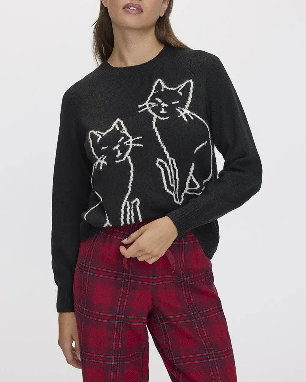 Cat Print Crew-Neck PlushSoft Sweater
